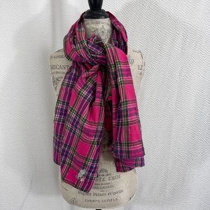 Disney Parks Mickey Mouse Pink White Plaid Fringed Scarf Mod Mickey Embroidered